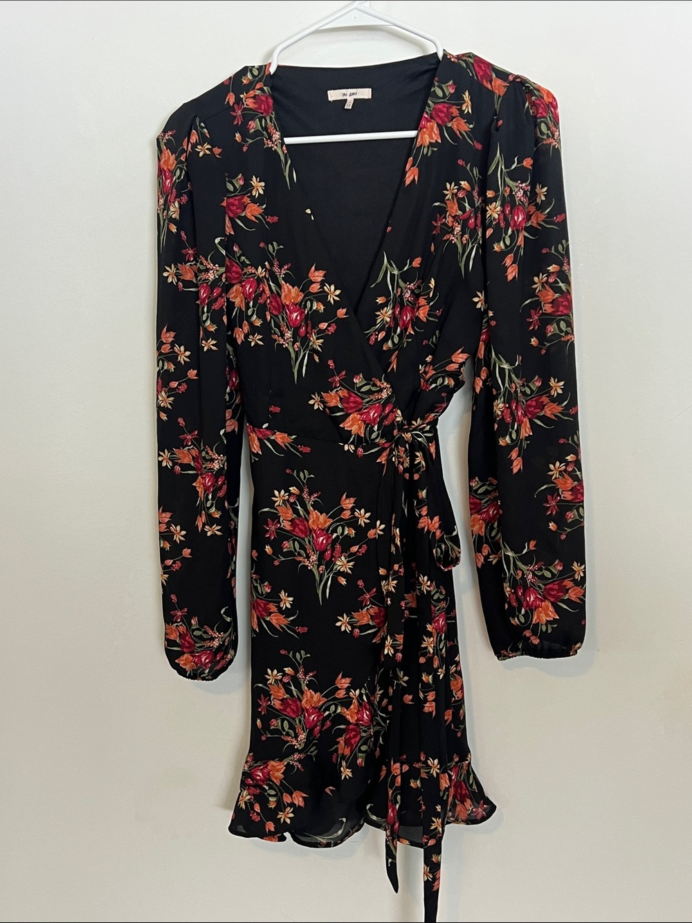 Mi Ami Black Floral Wrap Dress with Red & Orange Blooms